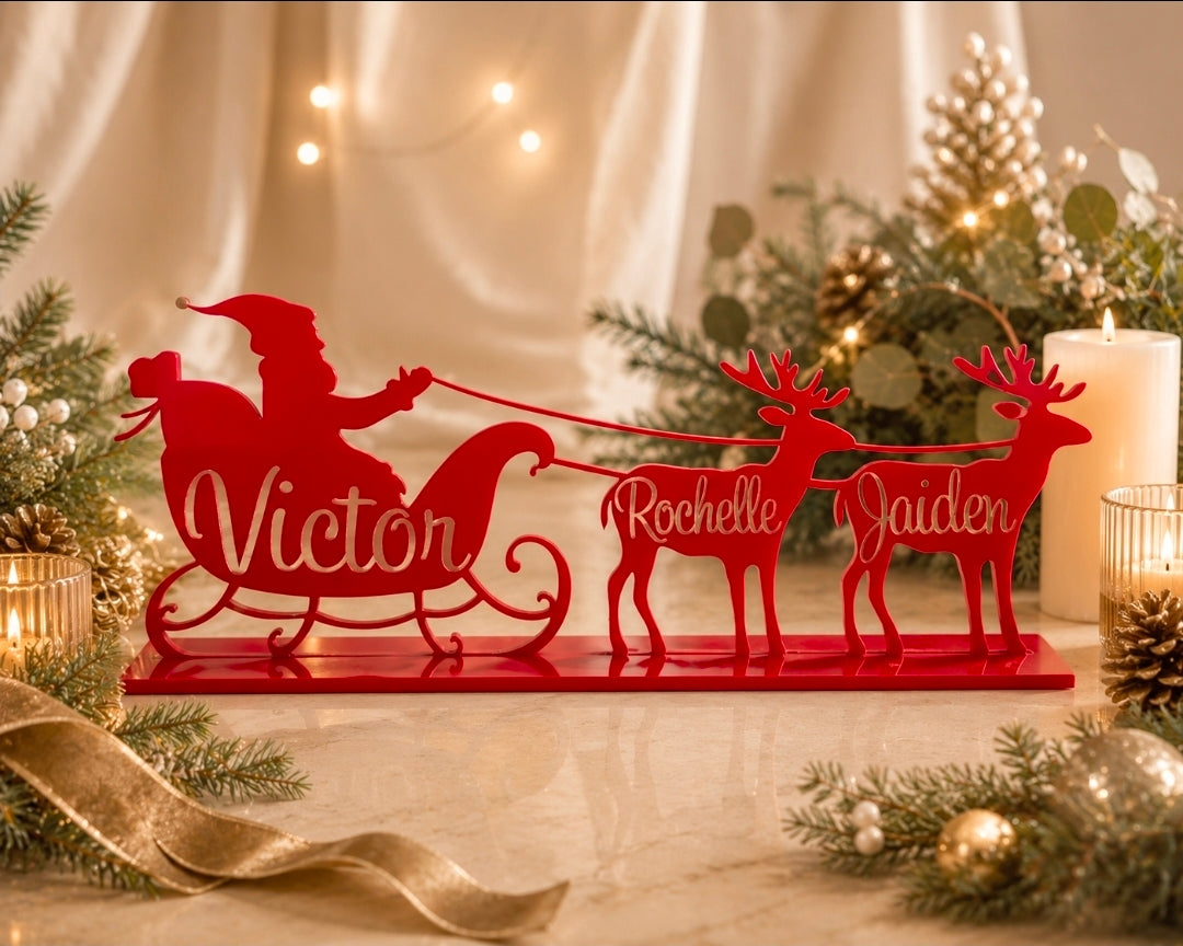Santa Sleigh + Reindeers — personalised Christmas decoration handmade in Melbourne by Artistic Signage