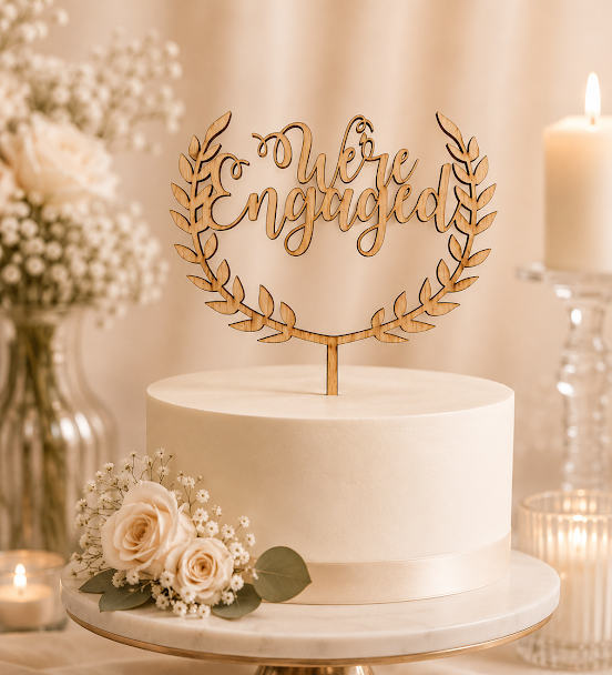 Half Wreath Were Engaged Cake Topper — personalised cake topper handmade in Melbourne by Artistic Signage